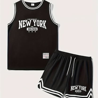Męski zestaw sportowy w stylu koszykarskim, tank top i szorty, nadruk New York, idealny na lato i trening
