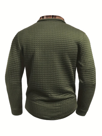 Polo homme à manches longues texturé motif gaufré avec col et poche à carreaux