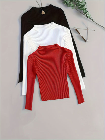 Pull côtelé à col montant pour femme, manches longues