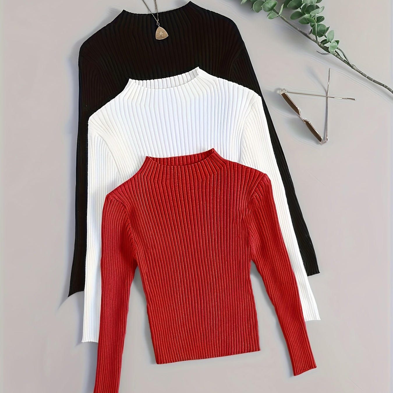 Pull côtelé à col montant pour femme, manches longues