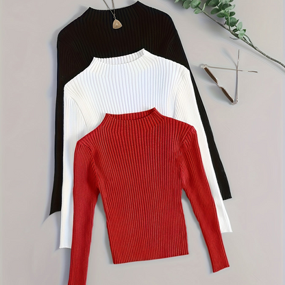 Pull côtelé à col montant pour femme, manches longues