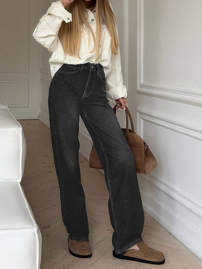 Jean large délavé taille haute Femme bleu ou gris coupe droite
