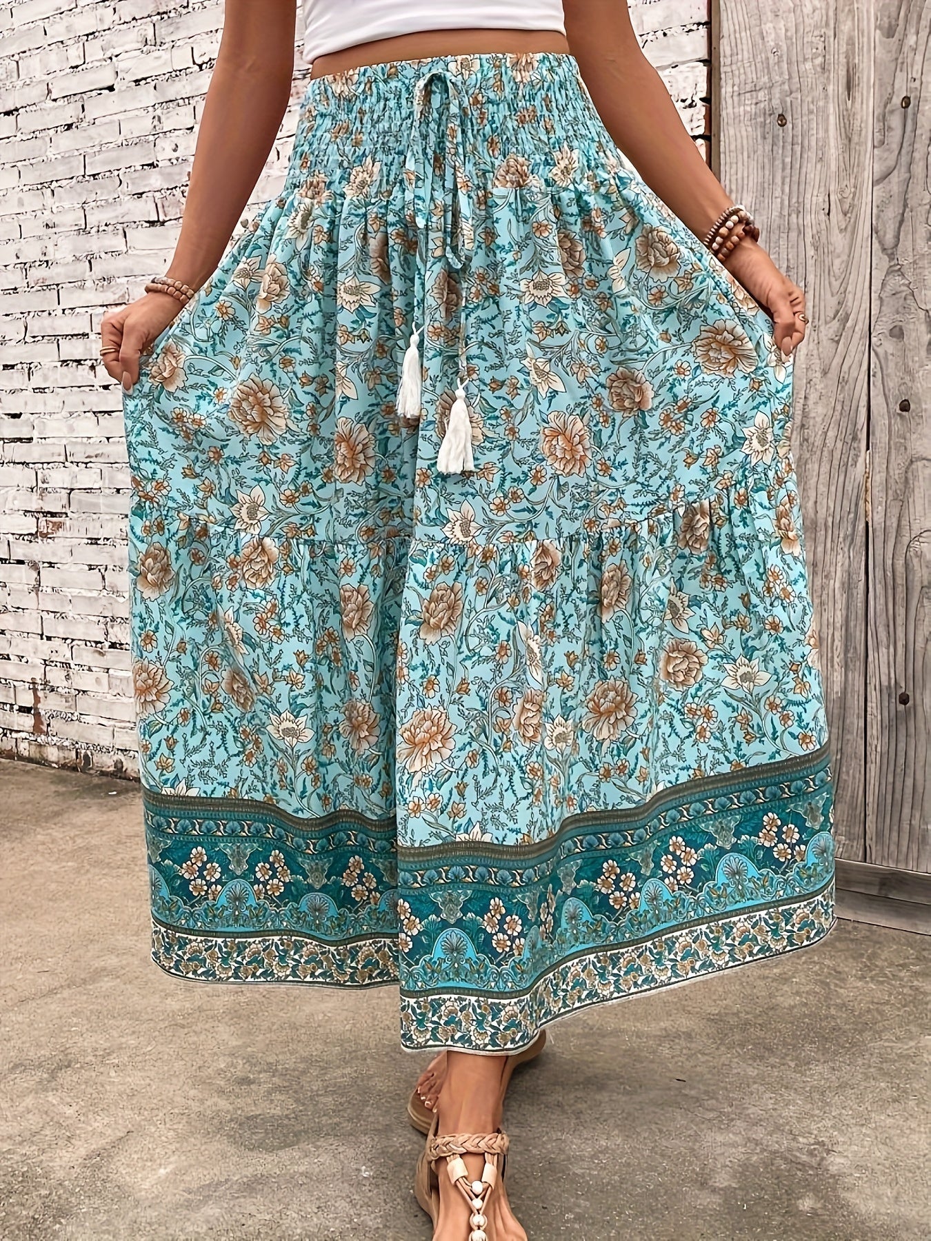 Elegant summer style women's long bohemian floral print skirt