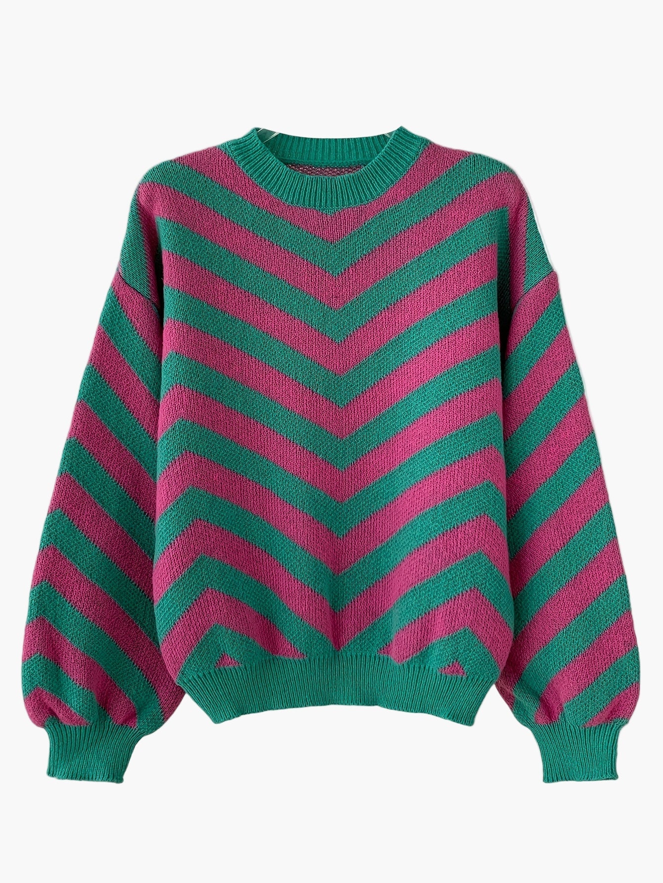 Elegancki sweter damski w paski jodełkowe, styl jesienno-zimowy, z długim rękawem, luźny krój