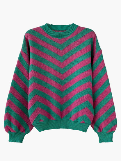 Elegancki sweter damski w paski jodełkowe, styl jesienno-zimowy, z długim rękawem, luźny krój