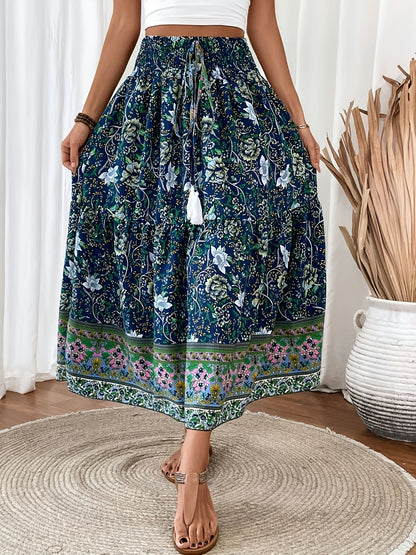Elegant summer style women's long bohemian floral print skirt