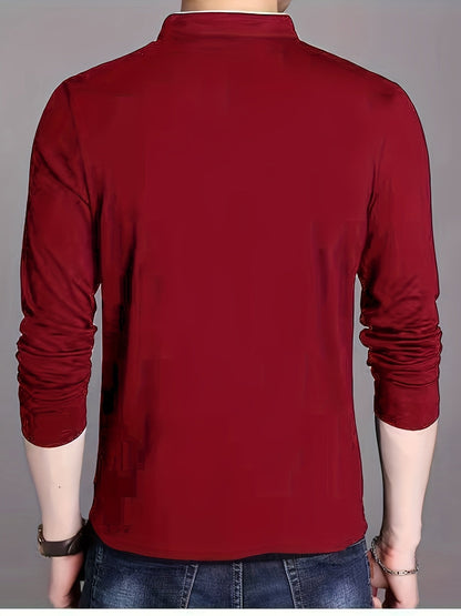 T-shirt Polo Homme Manches Longues Col Mao Rouge Bordeaux
