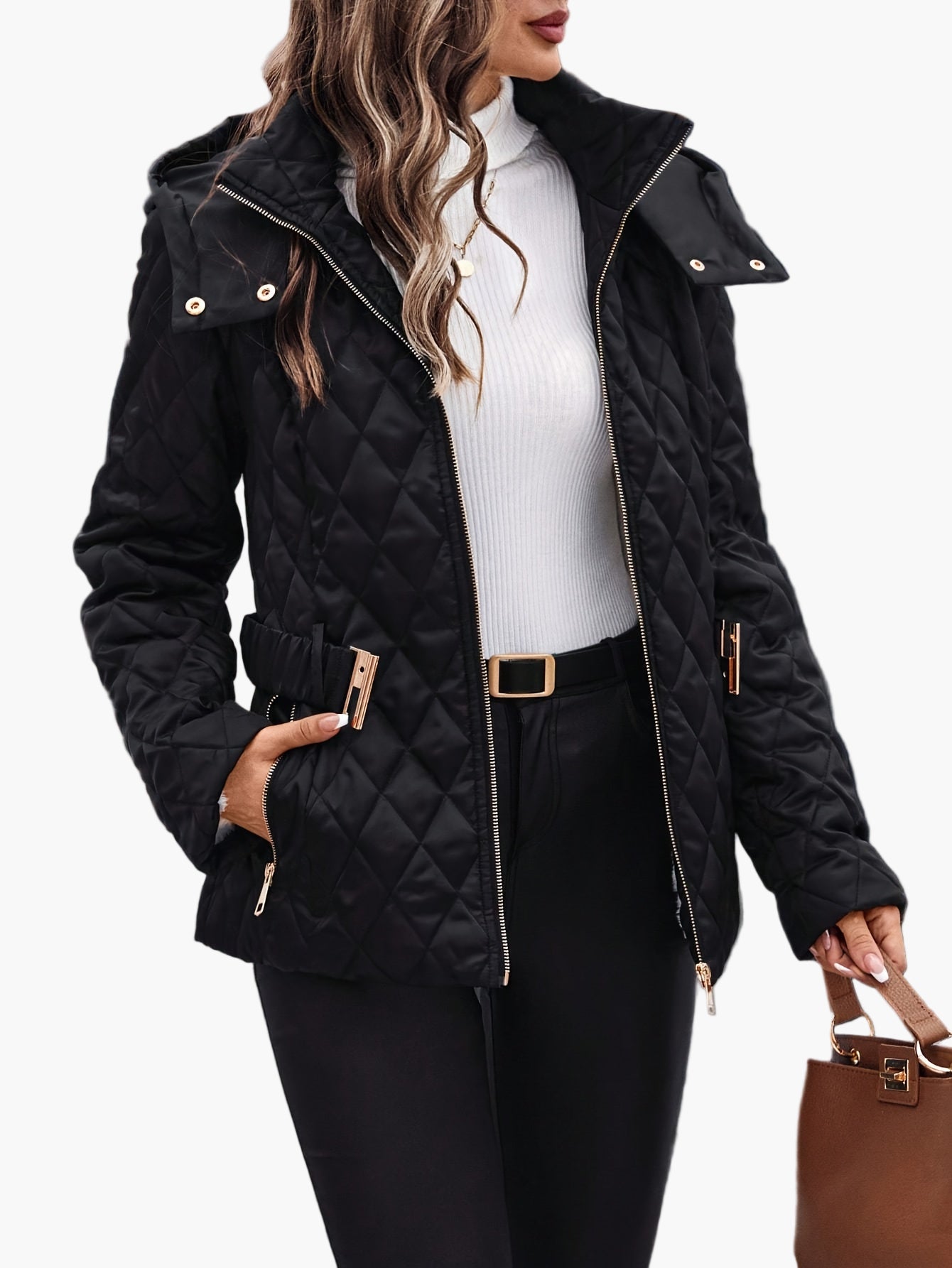 Chaqueta acolchada elegante con capucha para mujer con cinturón – Estilo urbano chic