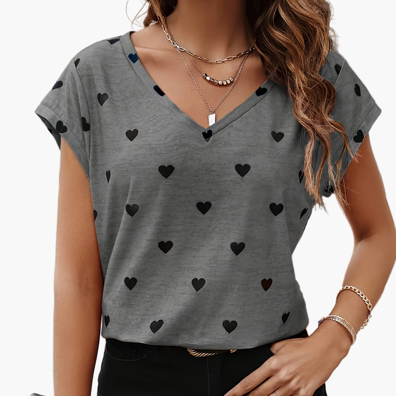 Elegant dam-T-shirt med hjärtmönster, V-ringning, somrig och chic stil