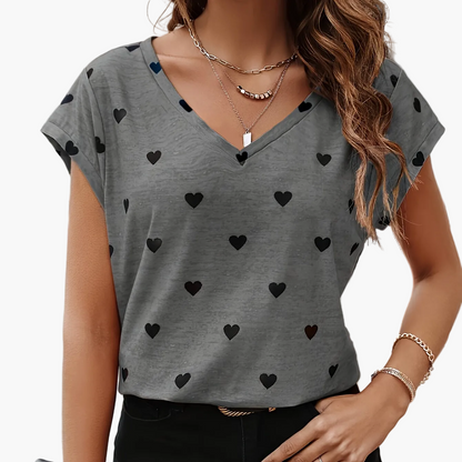 Elegant dam-T-shirt med hjärtmönster, V-ringning, somrig och chic stil