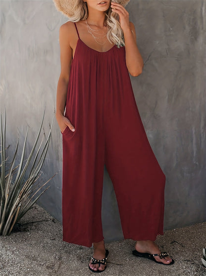 Mono holgado casual para mujer estilo verano con tirantes finos y bolsillos – Look chic y cómodo para vacaciones o ciudad