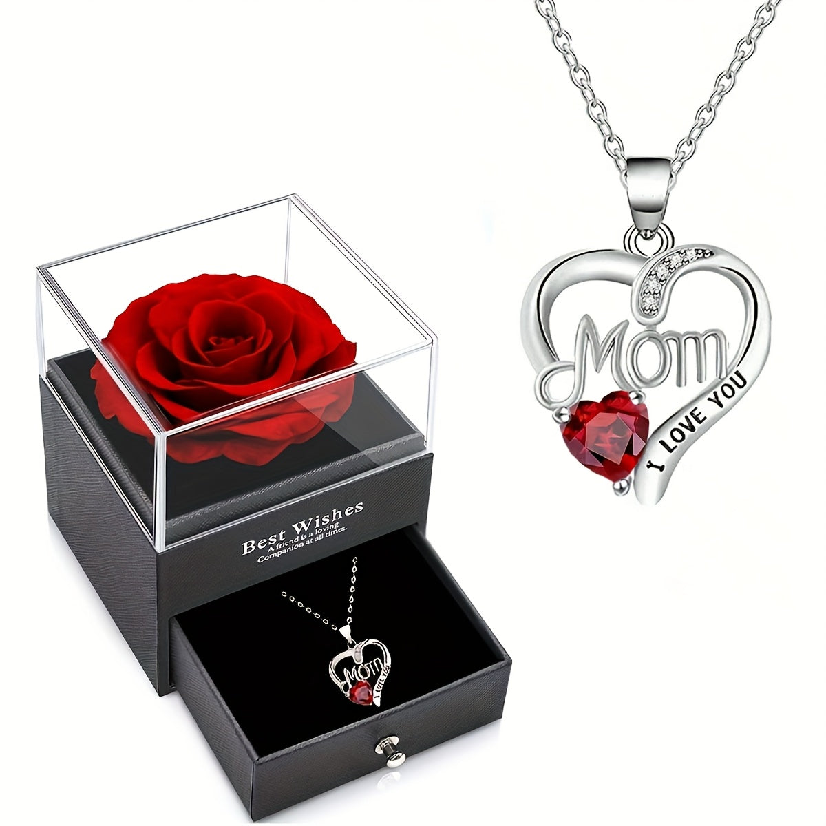 Collier Femme Pendentif Coeur 'Mom' avec Rose Éternelle – Cadeau Élégant pour la Fête des Mères