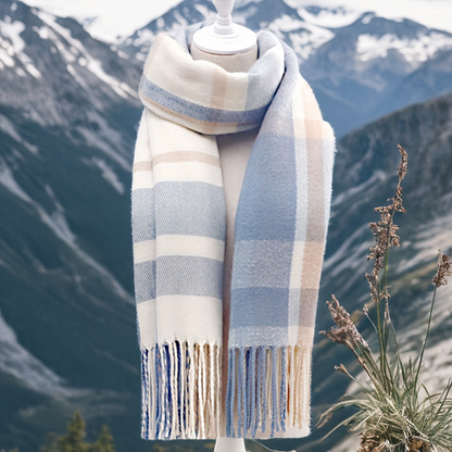 Écharpe douce à carreaux motif plaid avec franges - Rose et gris