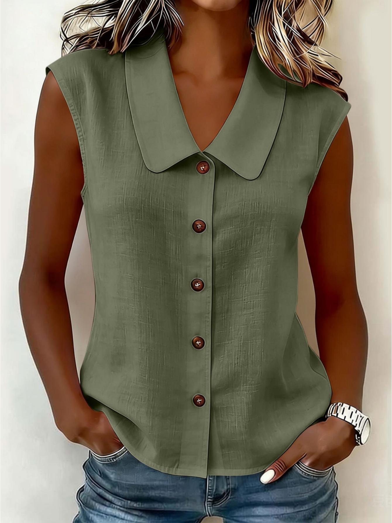 Chemisier sans manches à col Claudine pour femme, style décontracté chic, idéal pour le printemps et l'été