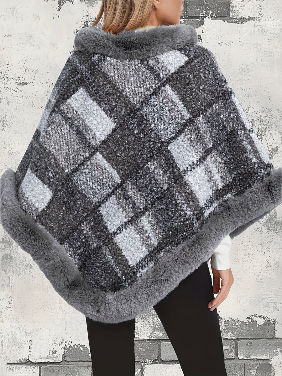 Poncho Femme Chaud Motifs Géométriques et Bordures Imitation Fourrure