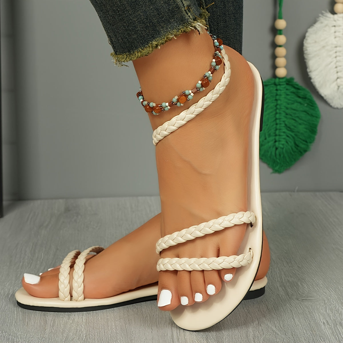 Flätade platta sandaler för kvinnor – Bohemisk chic stil för sommaren, vardagskomfort
