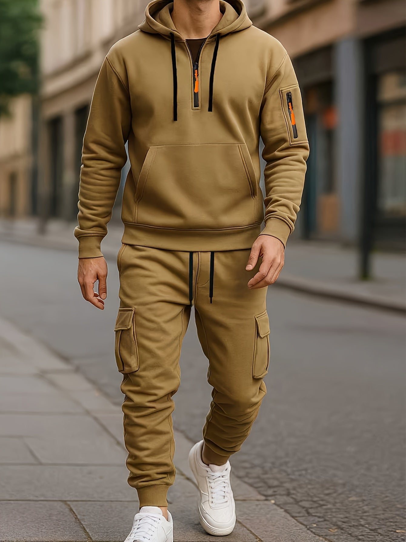 Ensemble Homme Survêtement Capuche et Pantalon Cargo Molletonné Uni