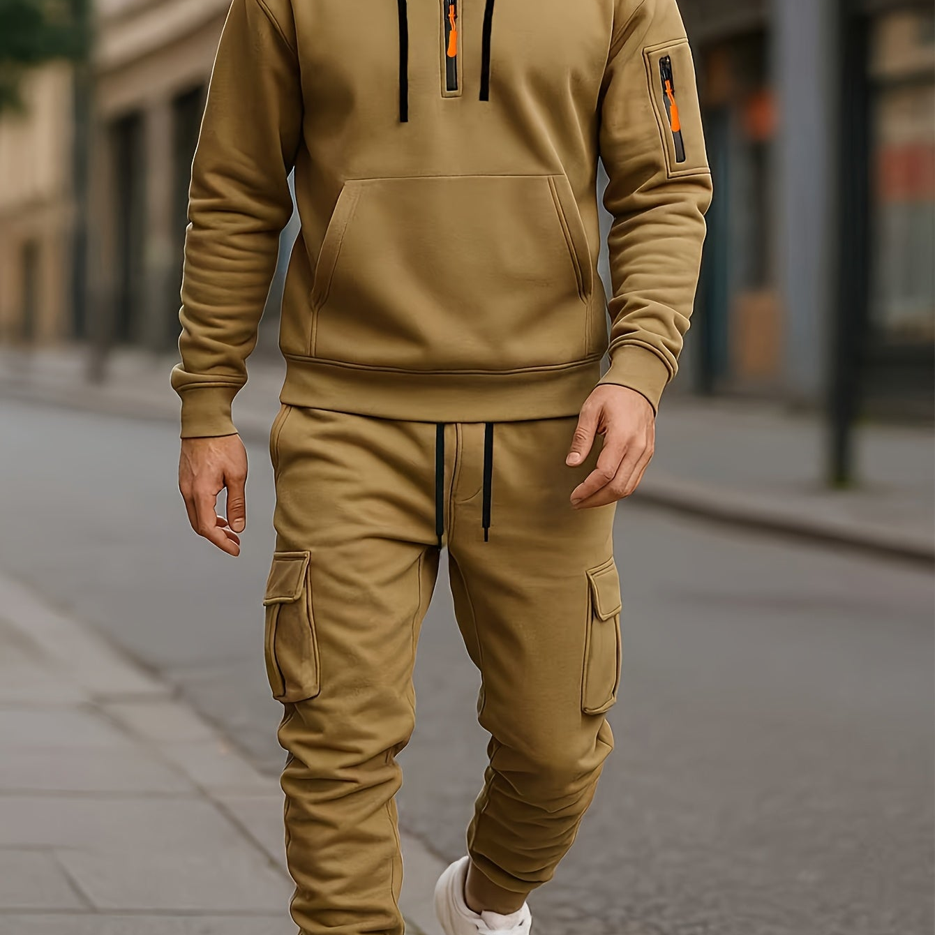 Ensemble Homme Survêtement Capuche et Pantalon Cargo Molletonné Uni