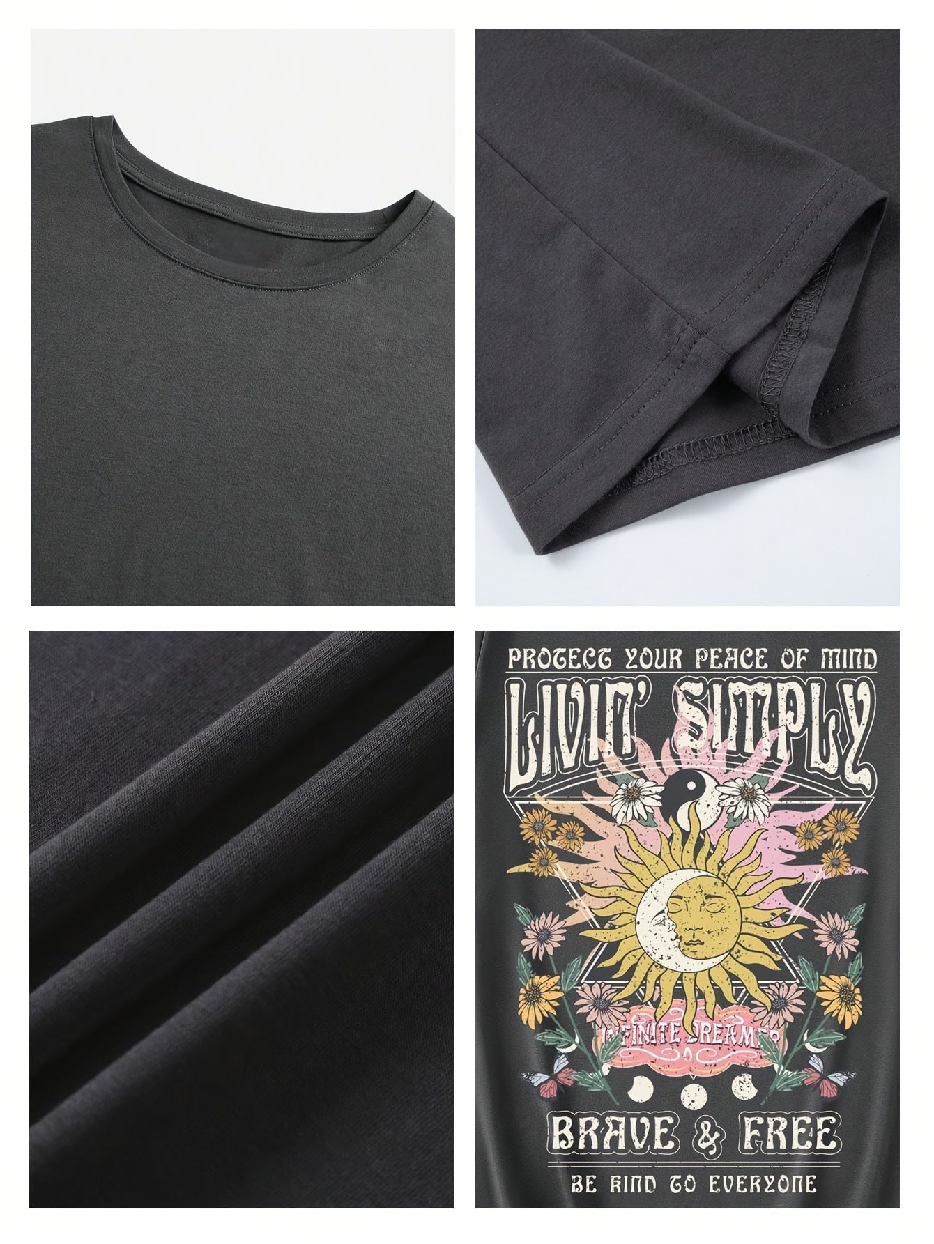 T-shirt femme style bohème graphique « Live Simply » imprimé soleil et lune, manche courte, casual