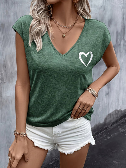 T-shirt Femme Décontracté à Col V Motif Cœur Style Estival