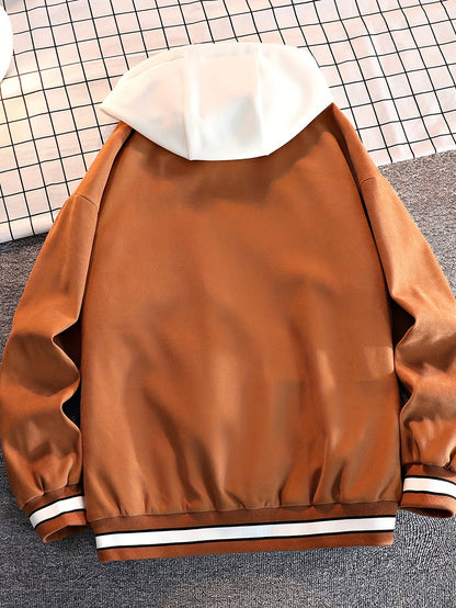 Veste universitaire bicolore blanche et marron pour homme avec capuche et inscription "DREAMS"