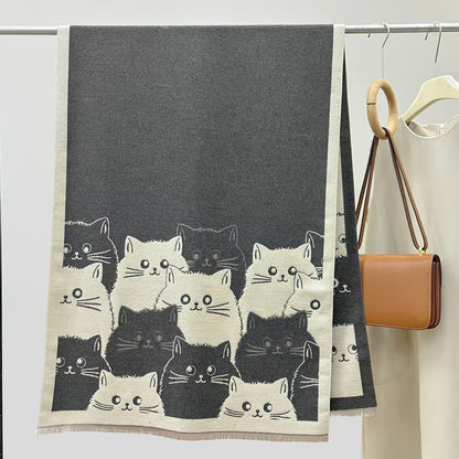 Châle Poncho Femme Réversible à Motifs Chats Mignon Imprimé - Couverture Douce Élégante