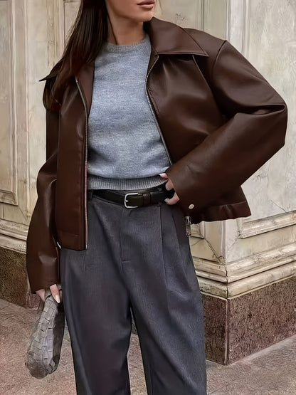 Veste courte bomber femme aspect cuir à fermeture éclair, col classique et ourlet côtelé