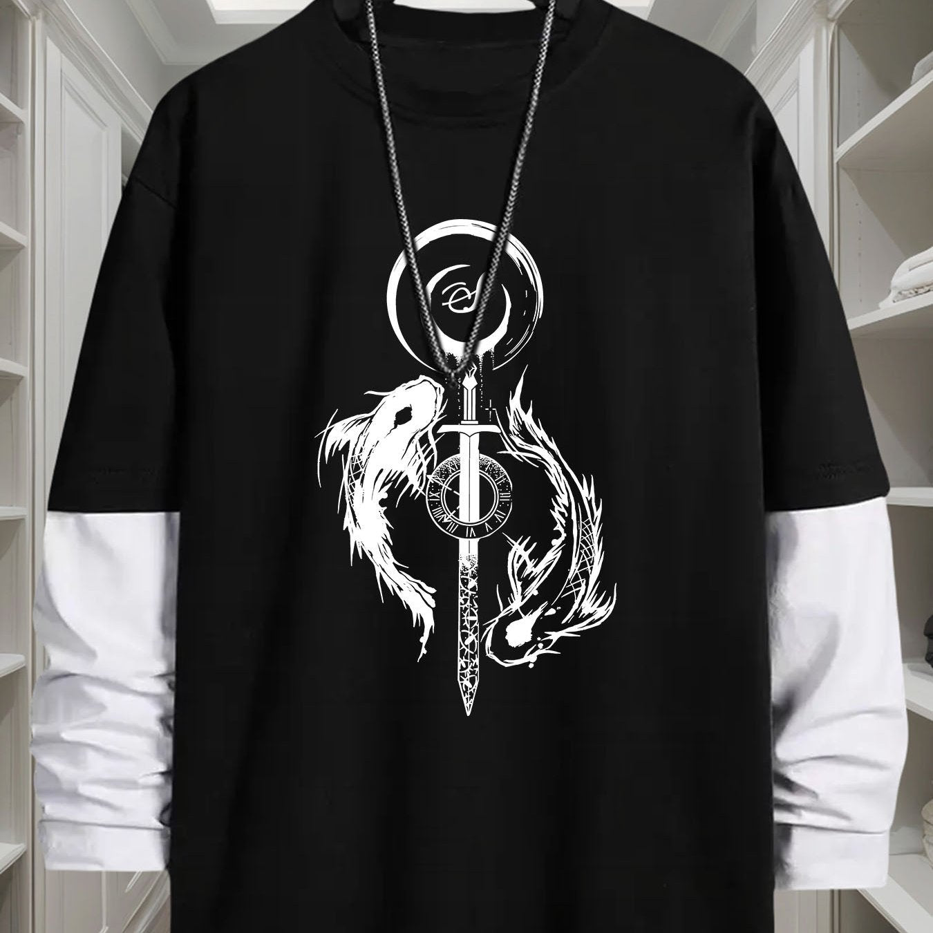 T-shirt Homme Manches Longues Bicolore Imprimé Dragon Épée