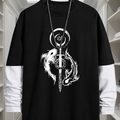 T-shirt Homme Manches Longues Bicolore Imprimé Dragon Épée