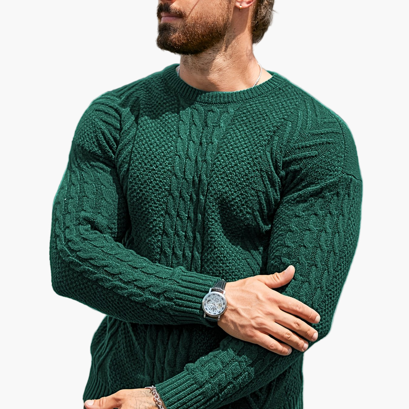 Jersey de punto trenzado para hombre estilo urbano casual – Mangas largas, elegante otoño/invierno