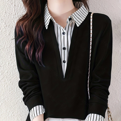 T-shirt Femme Col Chemise Rayé Manches Longues Faux Deux Pièces