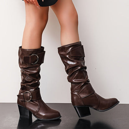 Bottes Femme mi-mollet plissées avec boucles décoratives et talon épais