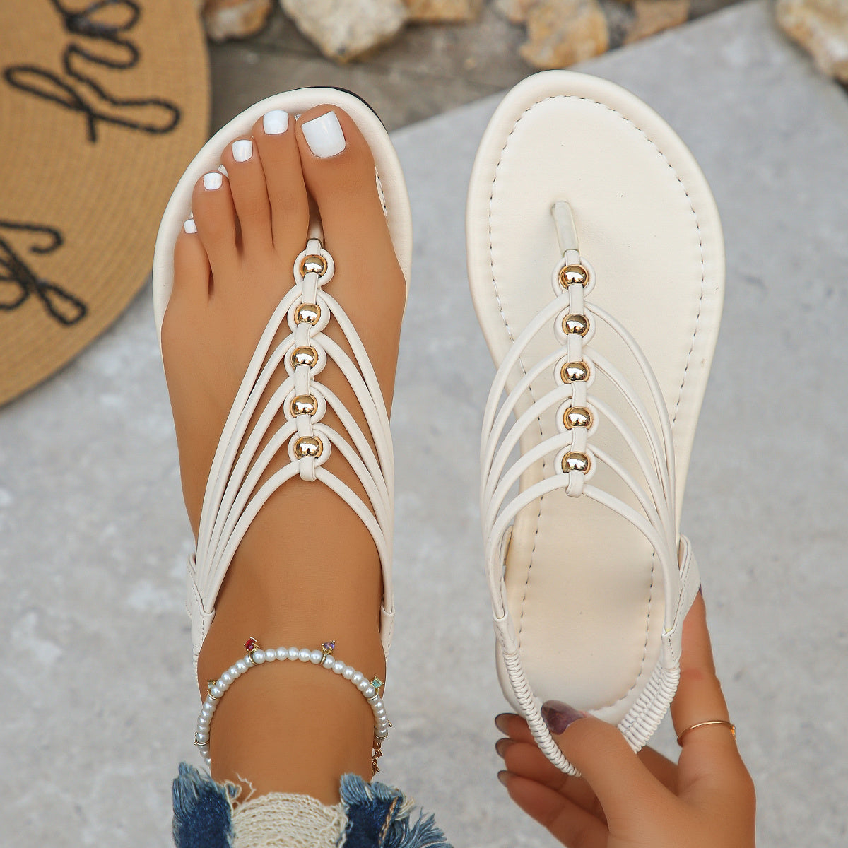 Flat beaded sandals for women vacation style - elegant and comfortable for summer