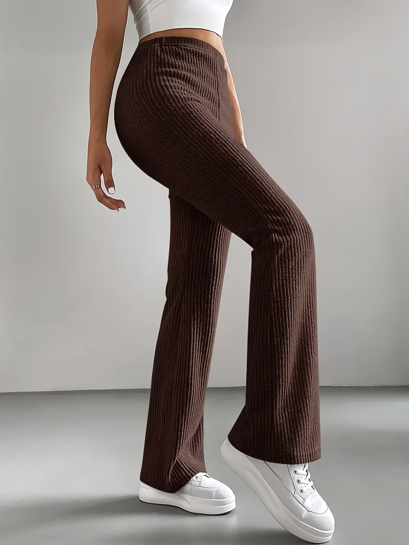 Pantalon côtelé évasé taille haute femme - Noir, Vert kaki, Marron