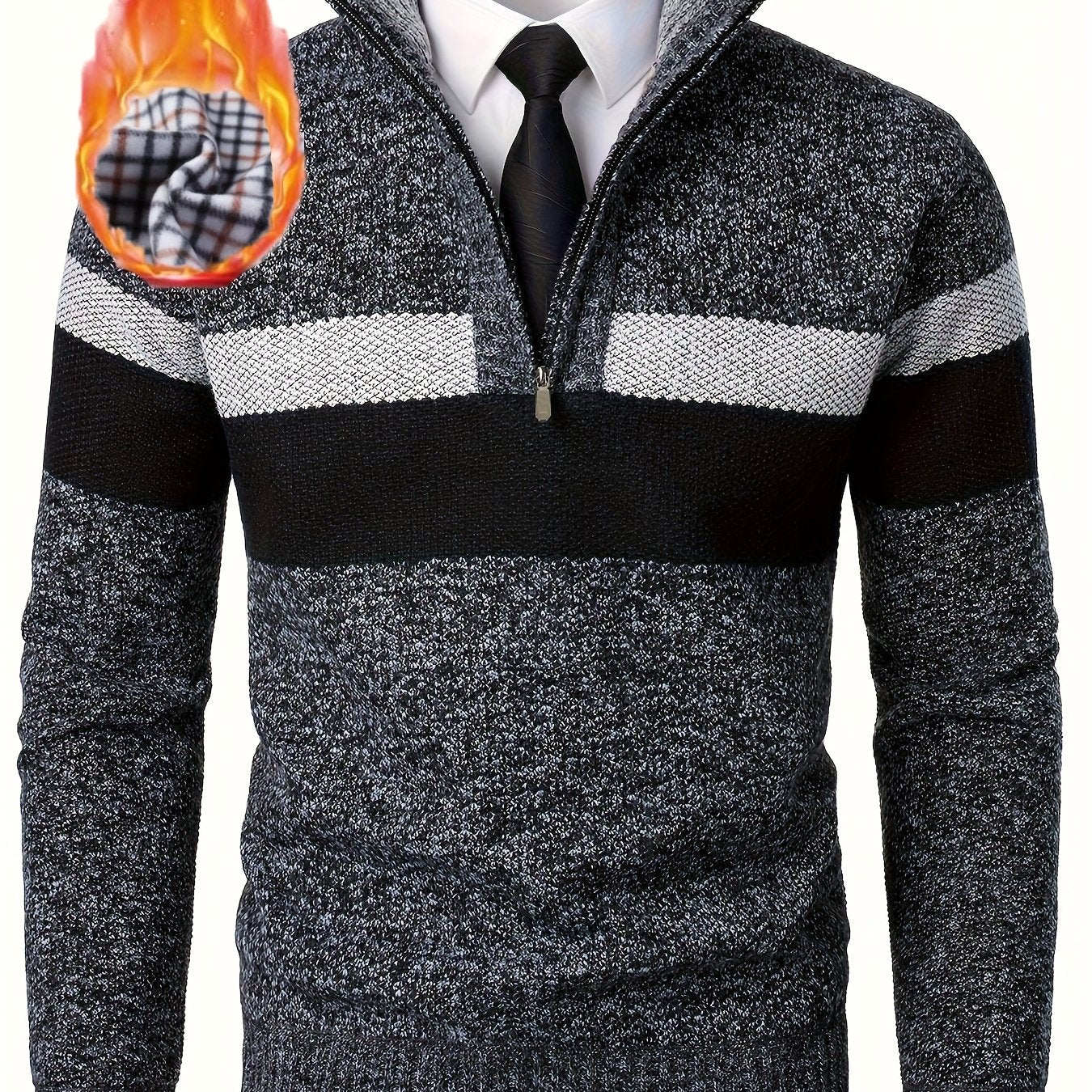 Pull homme tricoté à rayures, col montant zippé, doublure polaire beige et marron