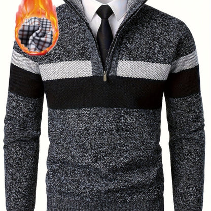 Pull homme tricoté à rayures, col montant zippé, doublure polaire beige et marron