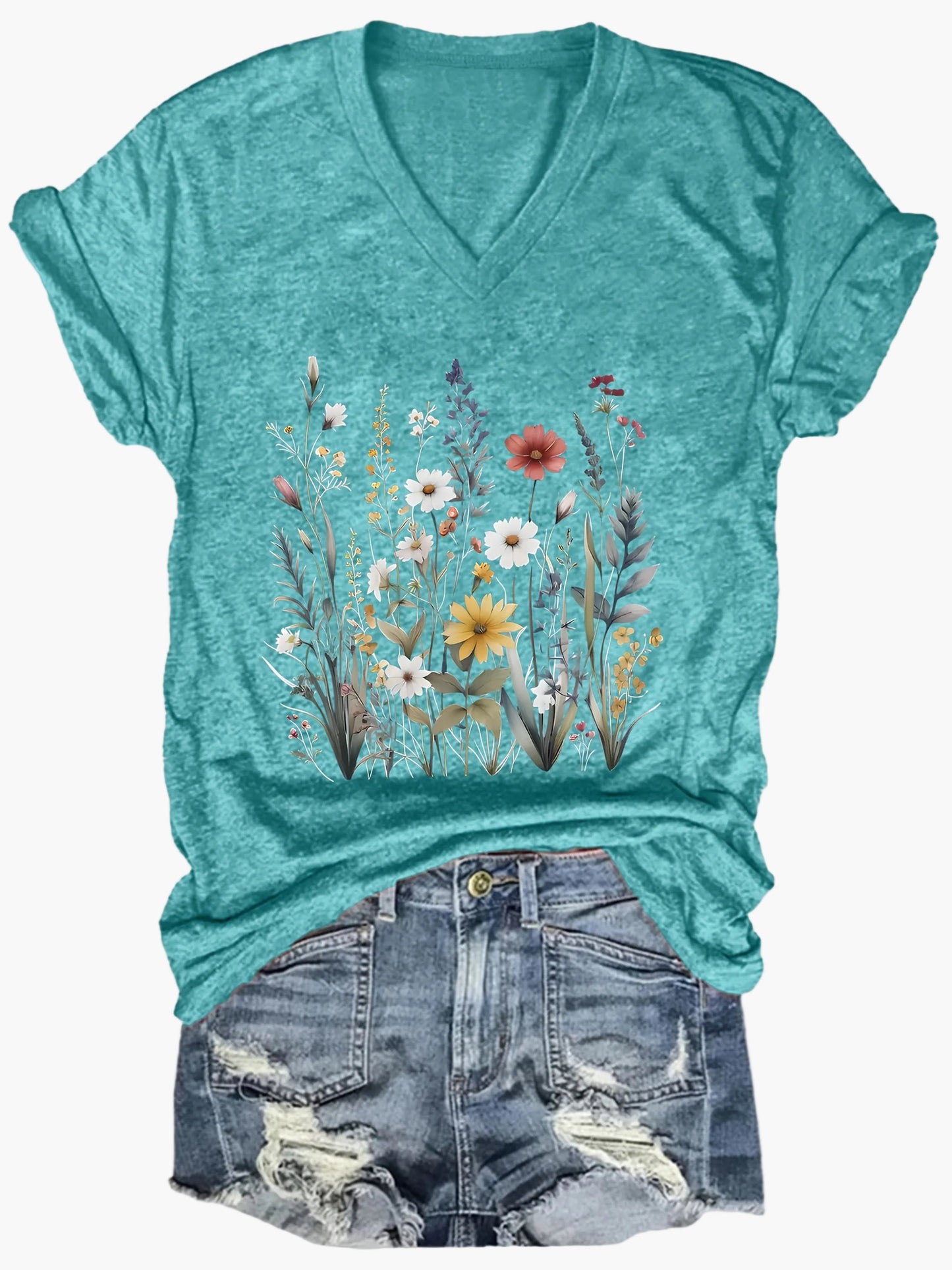 Afslappet dame-T-shirt med V-hals og boheme blomsterprint til sommeren