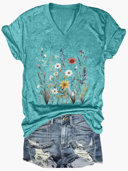 Afslappet dame-T-shirt med V-hals og boheme blomsterprint til sommeren