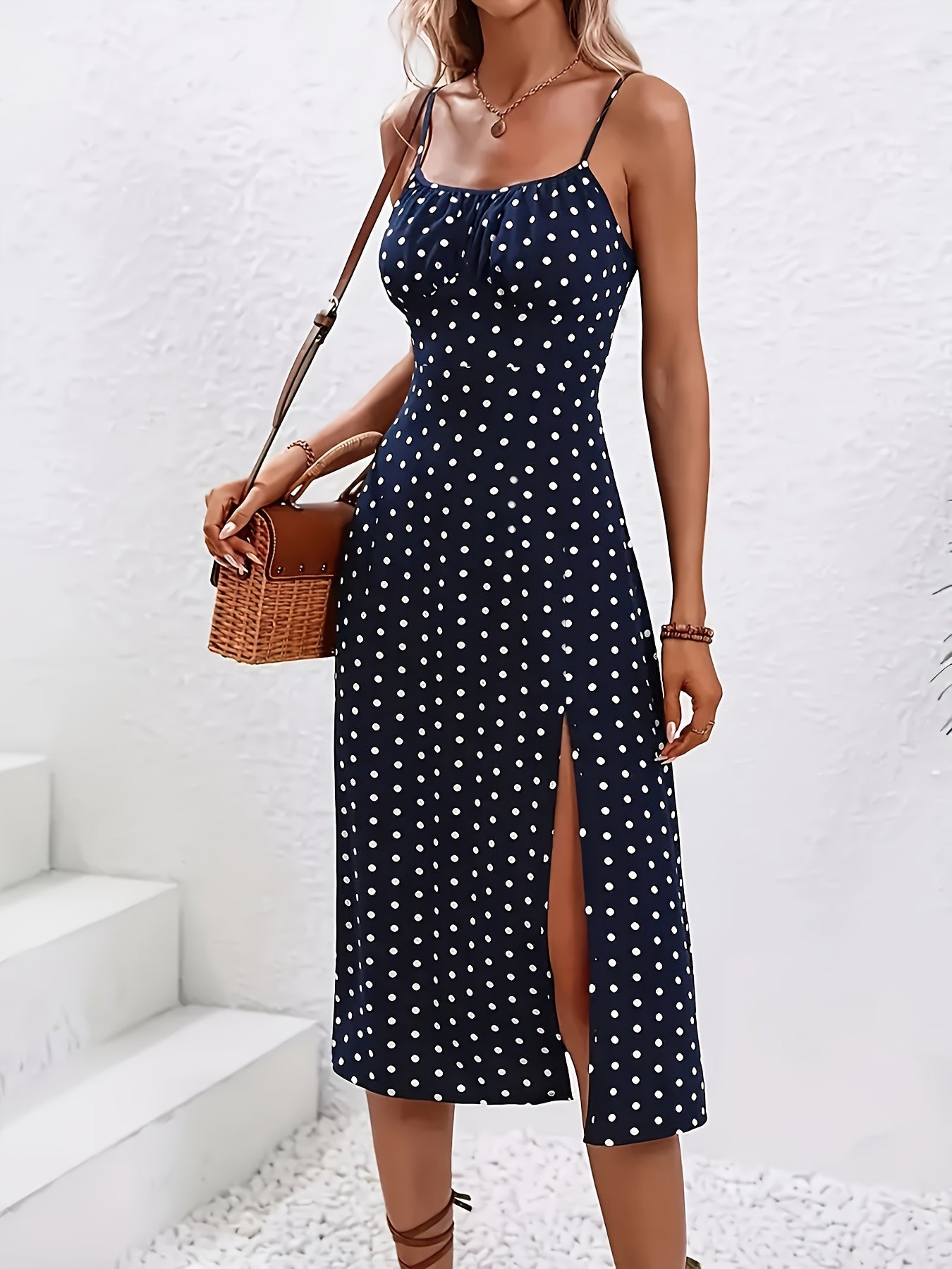 Robe d'Été Élégante à Pois Femme Style Décontracté Fendu