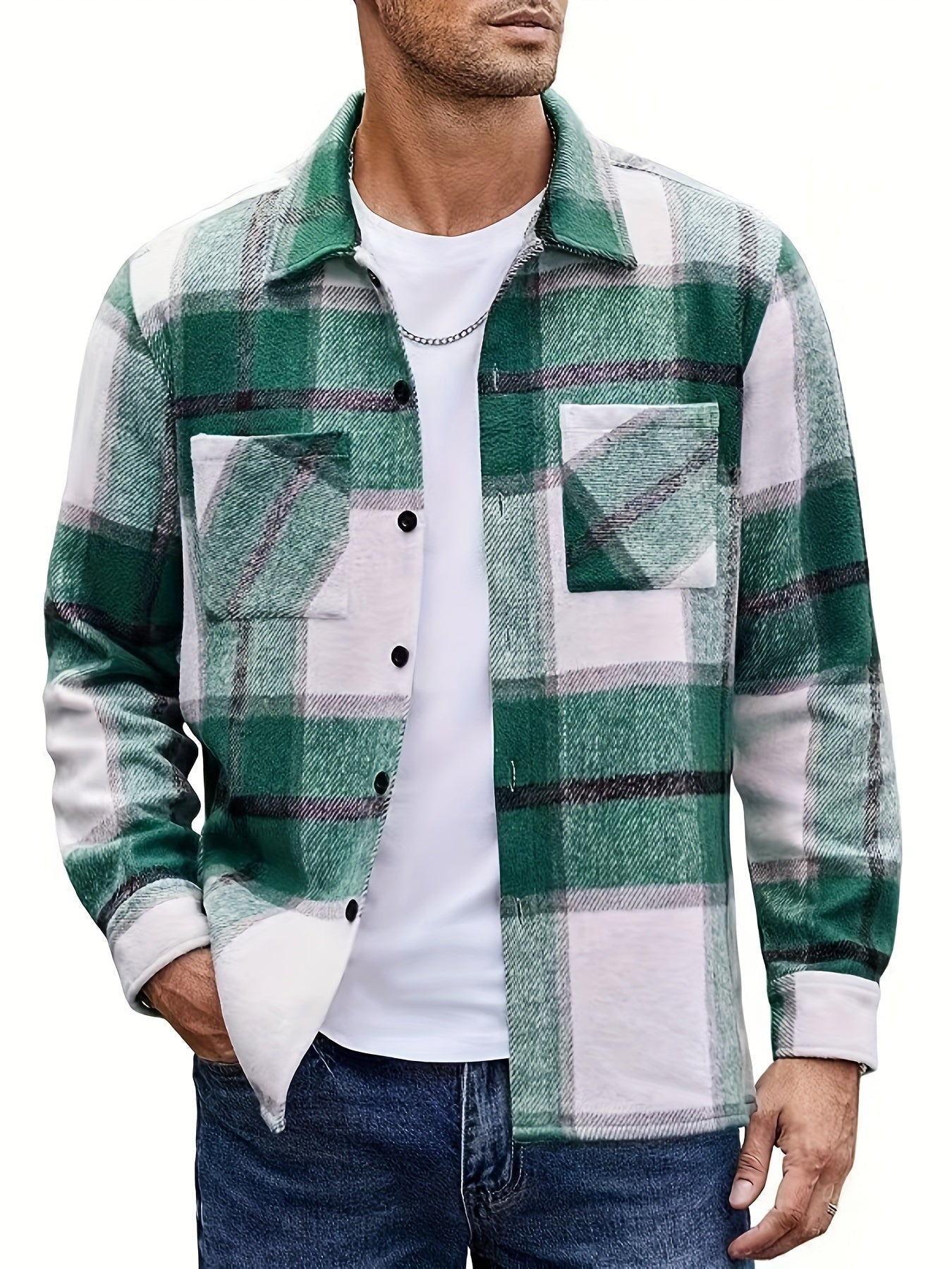 Chemise à carreaux homme coupe décontractée avec poches boutonnées marron clair et blanc