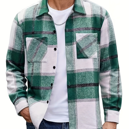 Chemise à carreaux homme coupe décontractée avec poches boutonnées marron clair et blanc