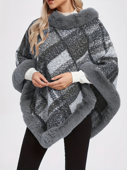 Poncho Femme Chaud Motifs Géométriques et Bordures Imitation Fourrure
