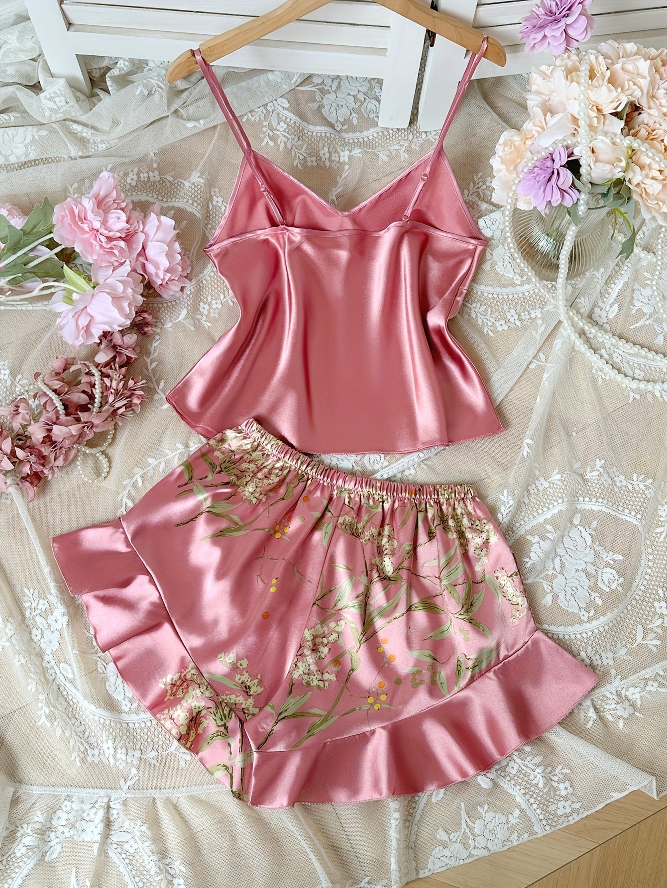 Pyjama Femme Style Élégant Décontracté à Bretelles Imprimé Fleuri – Ensemble Haut et Short d'Été