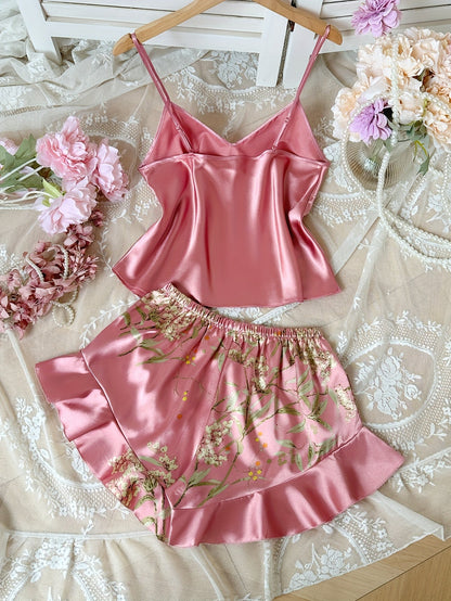 Pyjama Femme Style Élégant Décontracté à Bretelles Imprimé Fleuri – Ensemble Haut et Short d'Été