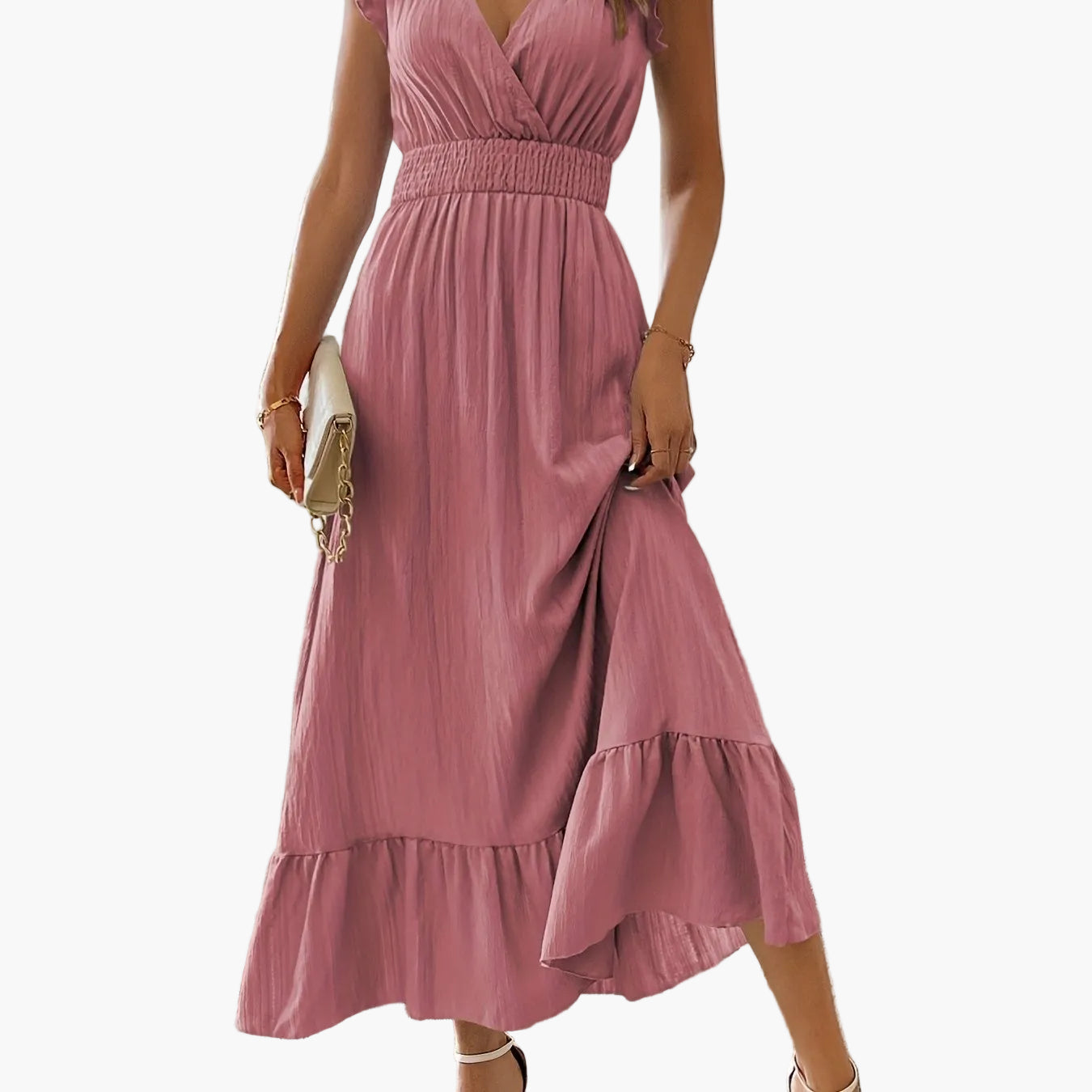 Abito lungo elegante da donna stile vacanze con maniche volant e vita arricciata