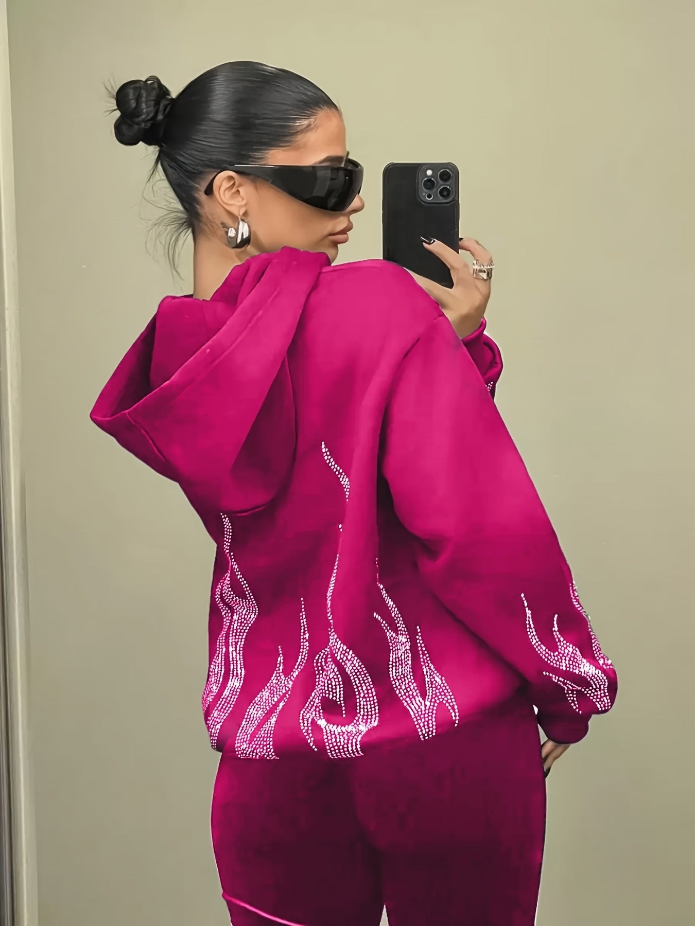 Sweat à Capuche Femme Décontracté Noir Flammé Strass Manches Longues