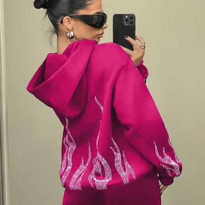Sweat à Capuche Femme Décontracté Noir Flammé Strass Manches Longues