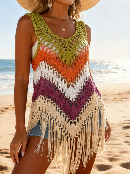 Boho ażurowa sukienka plażowa z frędzlami dla kobiet – styl wakacyjny chic