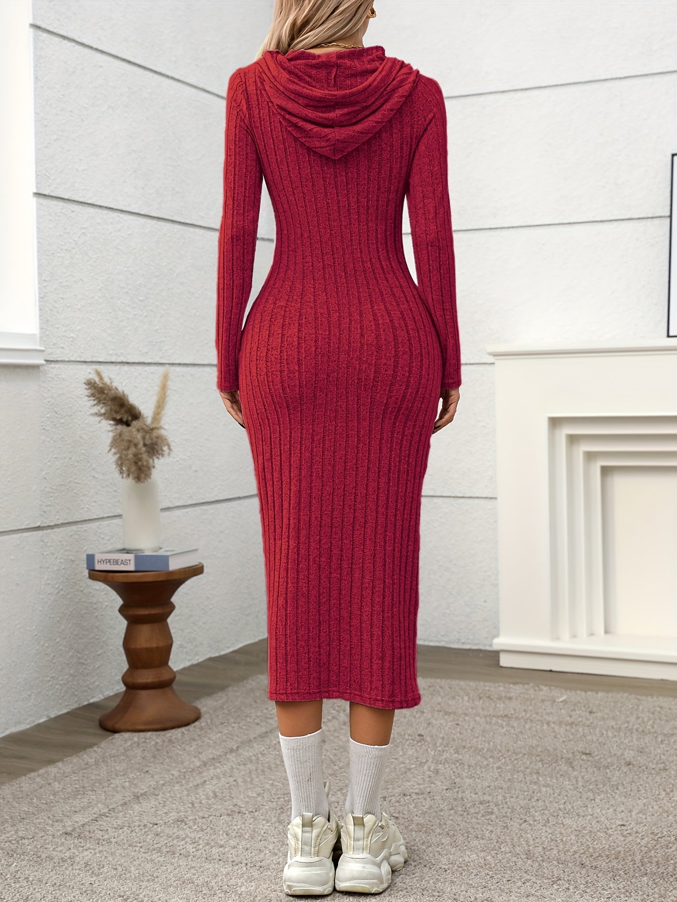 Robe longue côtelée à capuche Femme, manches longues, ajustée