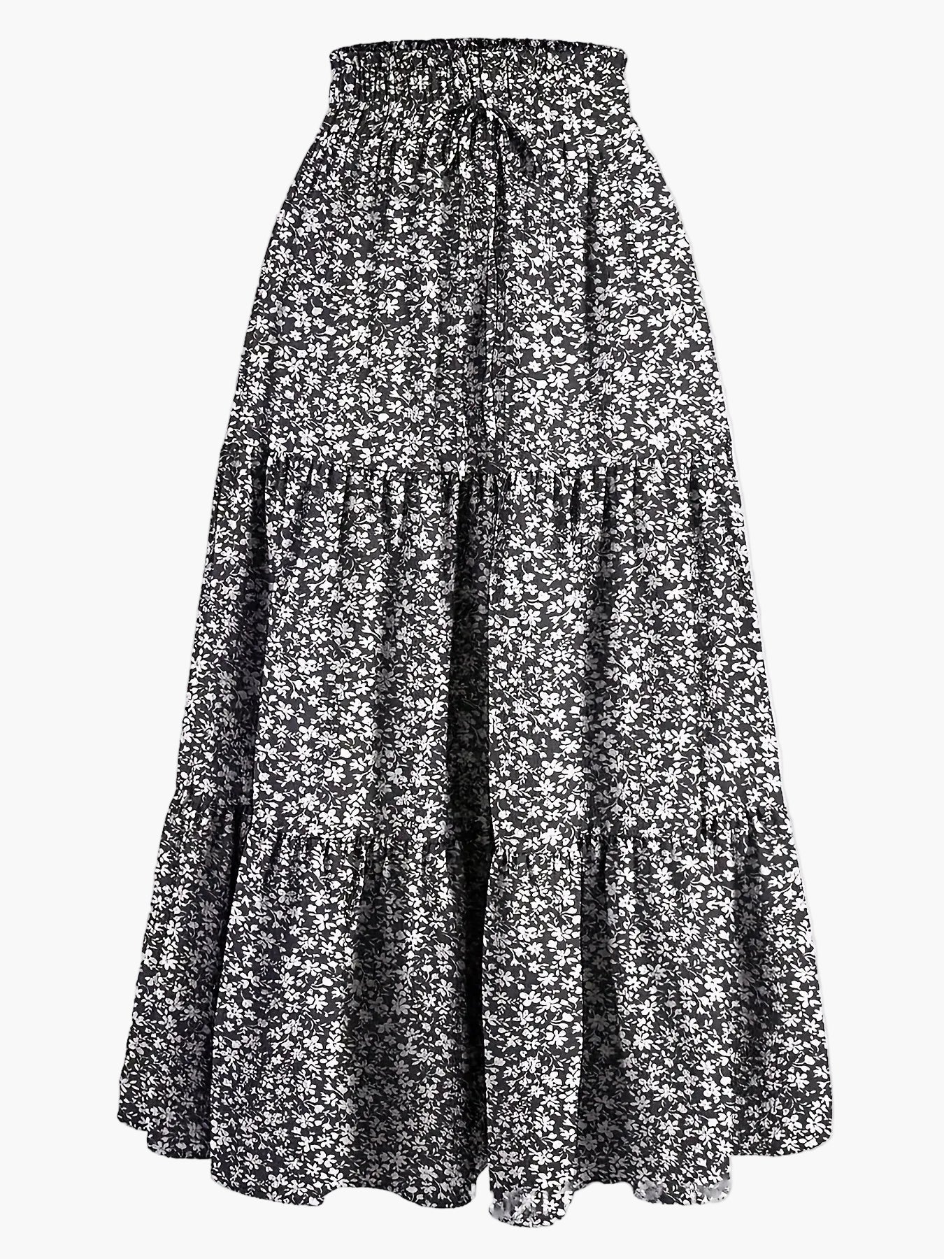 Gonna lunga donna elegante a vita alta con volant, stile primavera estate, ideale per tempo libero e uscite